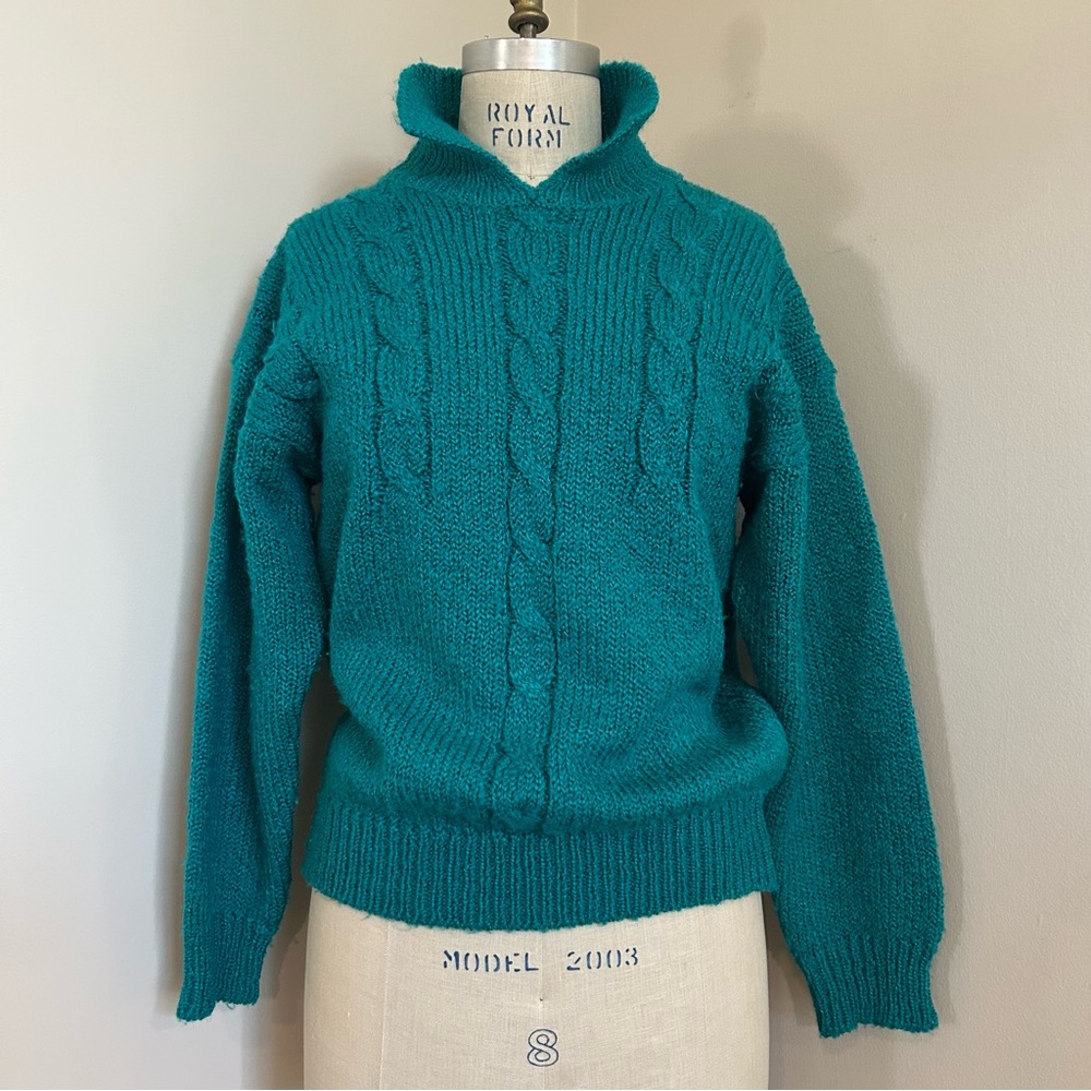 VTG 80s Teal Blue Acrylic Collared Chunky Knit Sweater Bristol Court Sz M